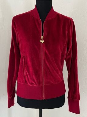 Velour Warm Up Jacket M Brick Red Dog Pull Velvet Stretch Pockets Central Park